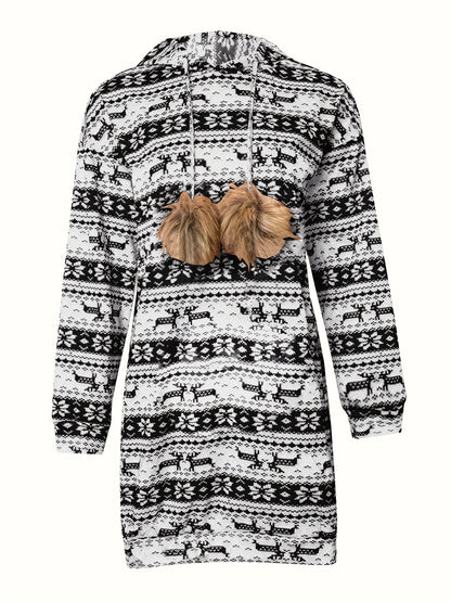 Women'S Christmas Deer & Snowflake Print Hooded Sweater Dress - Long Sleeve Winter Warmth, Red & Holiday Party Outfit with Pompom Sleeves