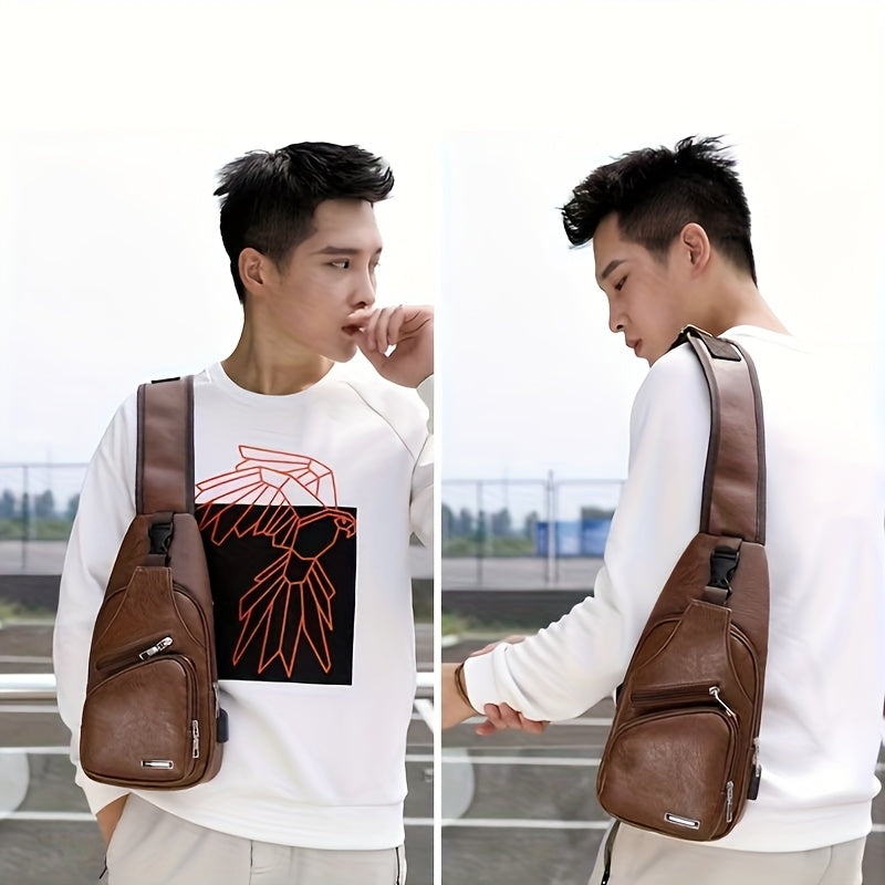 2025 New Men'S Fashion Chest Bag - Soft Faux Leather Anti-Theft Crossbody Bag with Multiple Compartments, Adjustable Strap  Zipper Closure for Gym, Travel, Casual Outings (Brown), Secure Travel Pouch, Textured Finish