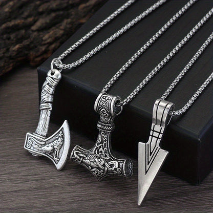 3 Pieces Of Men's Viking Necklace - Viking Hammer Nordic Compass Celtic Knot Wolf Axe Pendant Nordic Amulet Pendant Necklace Holiday Jewelry Gift
