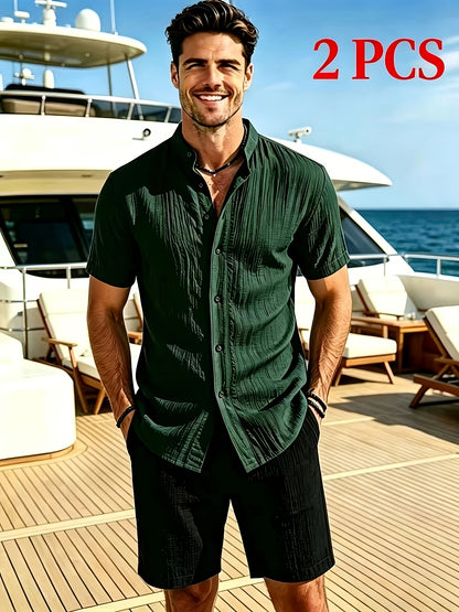 Men's Casual Summer 2-Piece Set: Stand Collar Shirt & Shorts