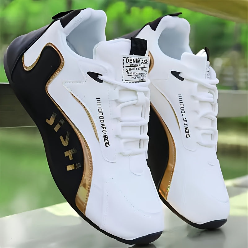 Letter Print. Casual Fashion. Low Top. Lace-Up. Solid Color. Comfortable. Good Grip. Unisex. Multifunctional. Skate Shoes. Men'S Casual Sports Sneakers Breathable, Non-Slip Running Shoes, Soft Sole, Golden And Black Design. G - ayq
