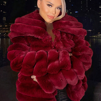 Women's Burgundy Red Plush Jacket - Luxurious -Like Collar &, All-Season Coat for Parties, Weddings, Casual Outfits - Hand Washable Non-Stretch Outerwear (No) - Elegant Winter-Ready Outer Jacket