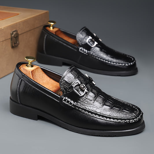 Men's Crocodile Embossed Slip-On Loafers with Metal Buckle
