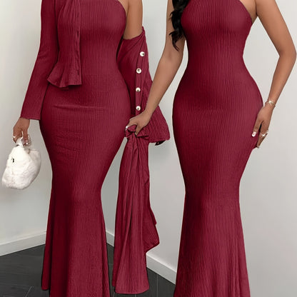 YY0102111 Elegant Solid Color Camisole Dress and Cardigan 2pcs Set, Suitable for Spring Summer Autumn