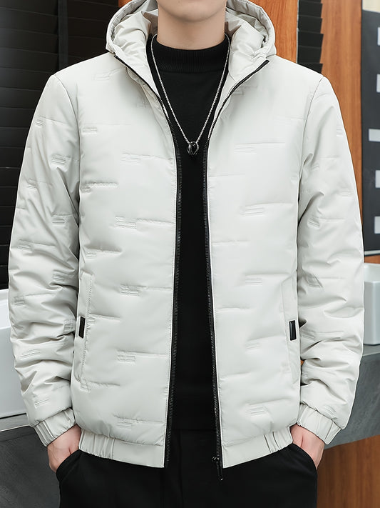 Men's Winter Windproof Thickened Warm College Style Zip-Up Hooded Jacket with Pockets, Casual and Sporty, Machine Washable - Solid Color Suitable for Hiking and Outdoor Activities