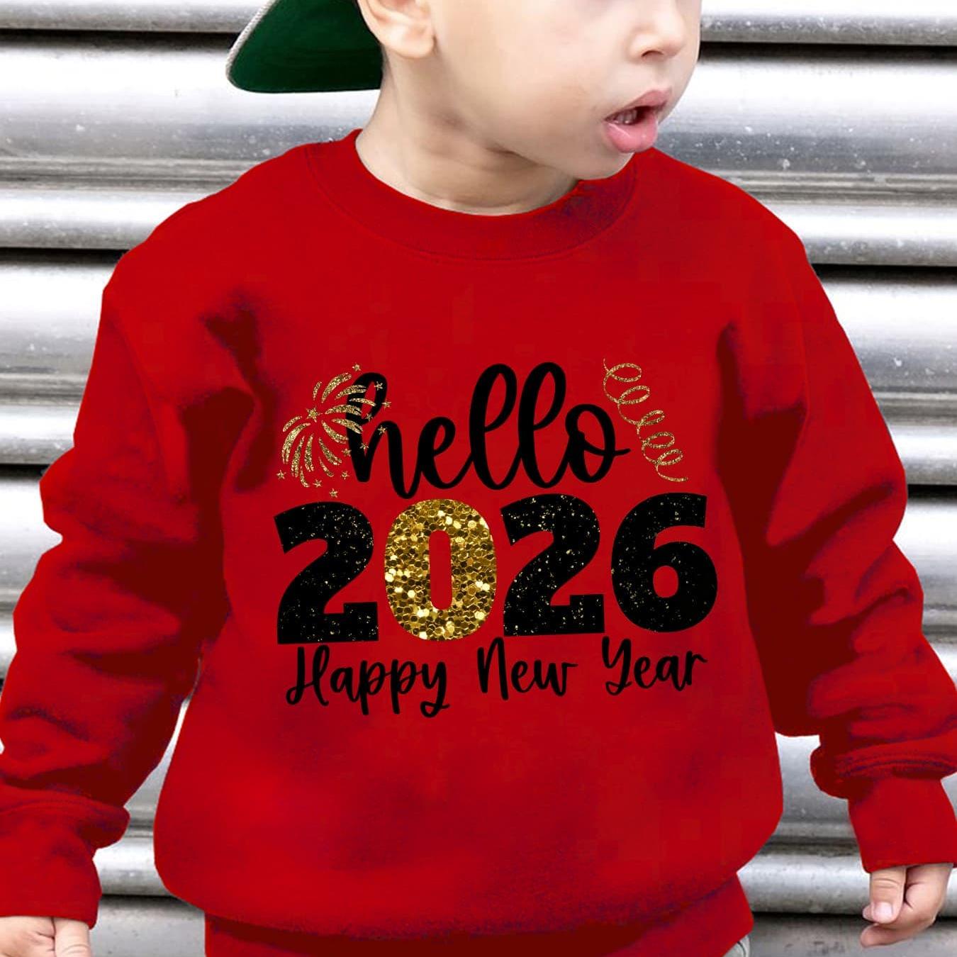 Boys' 2026 New Year'S Eve Party Sweatshirt - Hello 2026 Happy New Year Fireworks Print, Loose Fit Long Sleeve Pullover with Golden Glitter Lettering, Casual Winter Warmth For Boys, New Year Sweatshirt, Festive Clothing, Playf