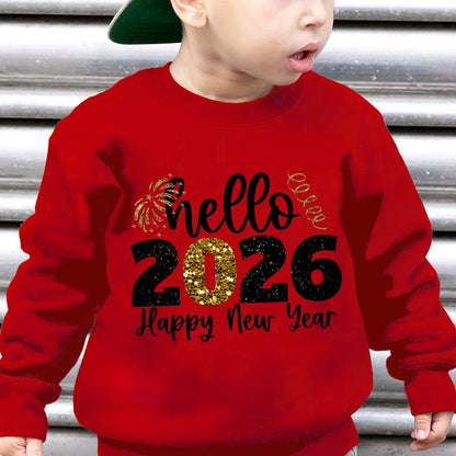 Boys' 2026 New Year'S Eve Party Sweatshirt - Hello 2026 Happy New Year Fireworks Print, Loose Fit Long Sleeve Pullover with Golden Glitter Lettering, Casual Winter Warmth For Boys, New Year Sweatshirt, Festive Clothing, Playf