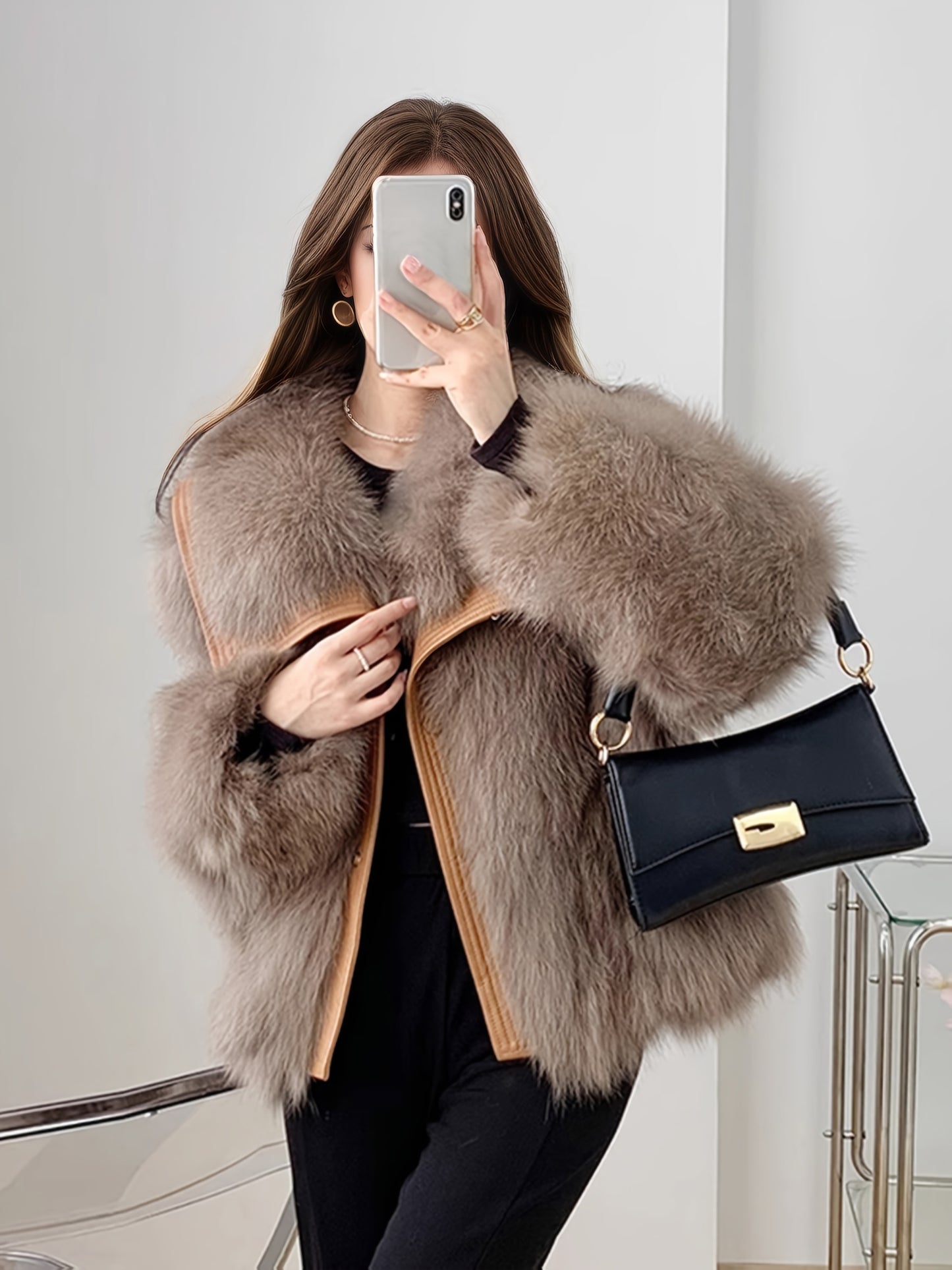 Women'S Elegant Fox Fur-like Plush Jacket - Winter Coat with Large Lapel Collar, Thick Warm Outerwear, Loose Fit H-Silhouette, No Belt Needed, for Everyday & Formal Events - Luxury Cold Weather Jacket, Ladies Winter Coats, Se