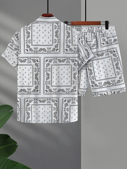 Men's Paisley Print Short Sleeve Shorts Single Button Shirt Suit with Elastic Cord and Pockets