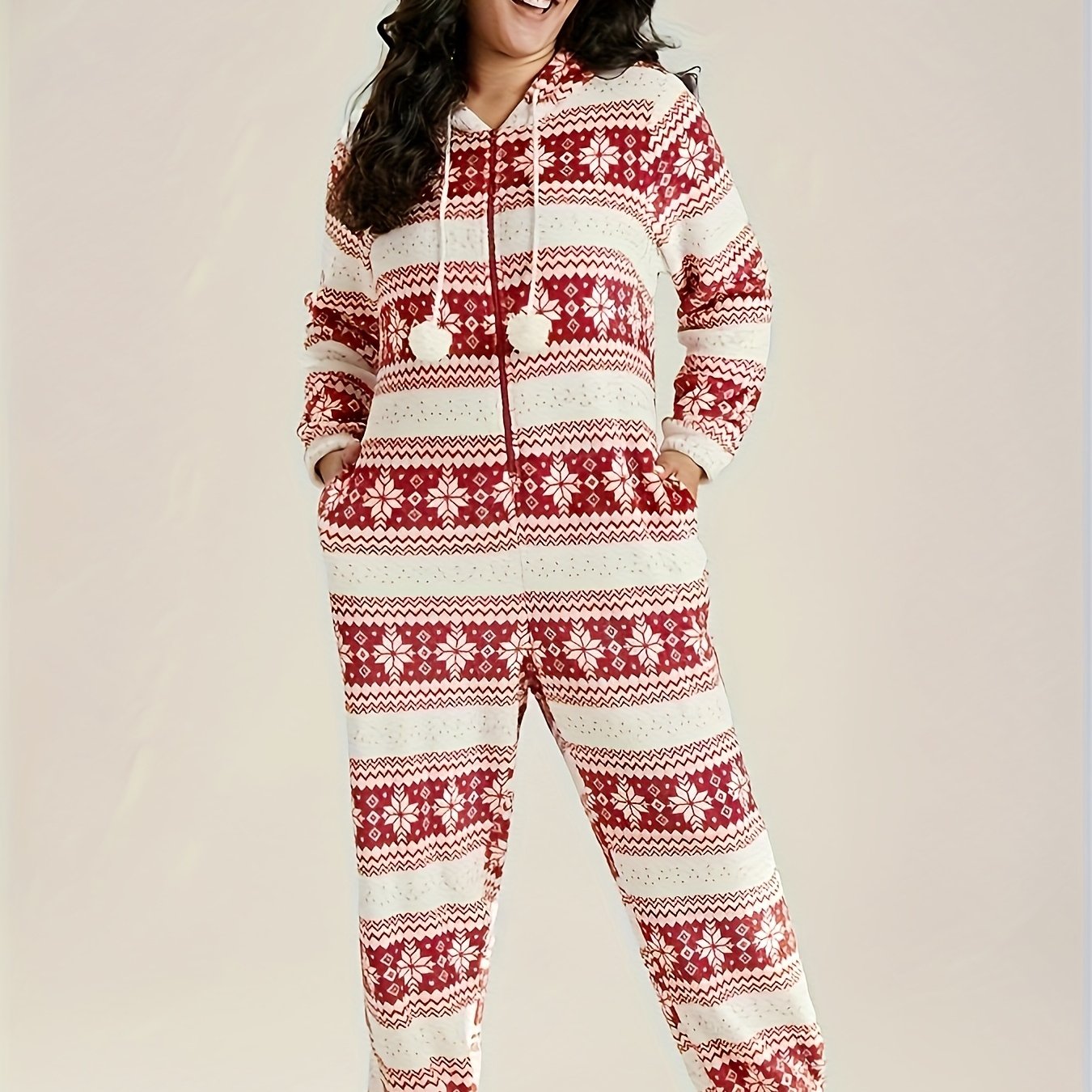 Women'S Cozy Red & White Geometric Print Jumpsuit - Casual Long Sleeve Romper with Drawstring Waist, Soft Stretchy Fabric, Perfect for Winter Lounging & Relaxing at Home, Comfortable Clothing | Relaxed Fit Jumpsuit | Medium E