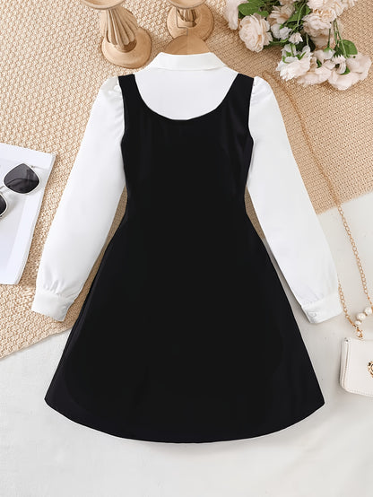 Girls' Elegant Black & White Bow Waist-Cinching Dress