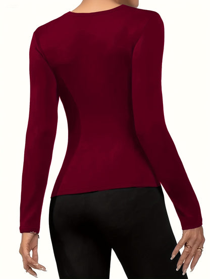 Women'S V-Neck Long Sleeve Top - Elegant Maroon Blouse with Fire Design, Stretchy Fabric for Fall/Winter, Office, Party, Everyday Outfits - Women'S Fashion Clothing, Ladies Tops And Blouses, Party Attire, Office Wear, Stylish