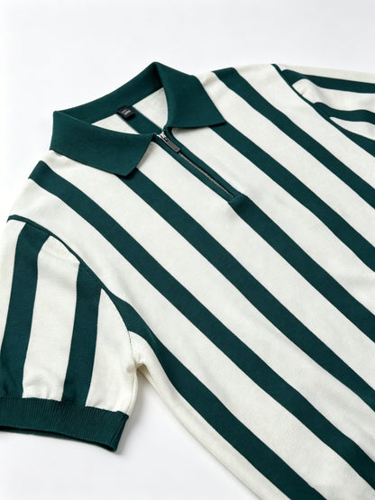 Men's Slim Fit Vertical Stripe Knit Polo with Half-Zip Collar