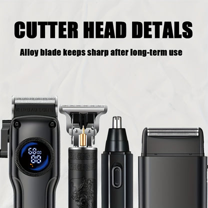 1-Piece/4-Piece Hair & Beauty Set – Rechargeable Electric Hair Clipper, Beard Trimmer, Nose Hair Trimmer, Shaver, Adjustable Length, Ideal for Men's Home Haircuts, Travel, Styling, and Beard Grooming, Perfect Gift for Men