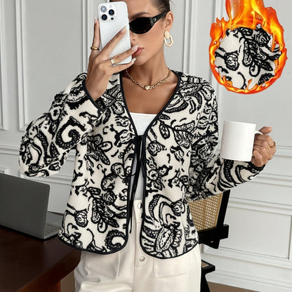 Women's Elegant Black & White Floral blazer - Tie-front closing, Non-Stretchy structure for Fall/Winter, Office, Party, Everyday Chic Jacket - Machine Washable Women's Outerwear, Party Attire, Sophisticated Design