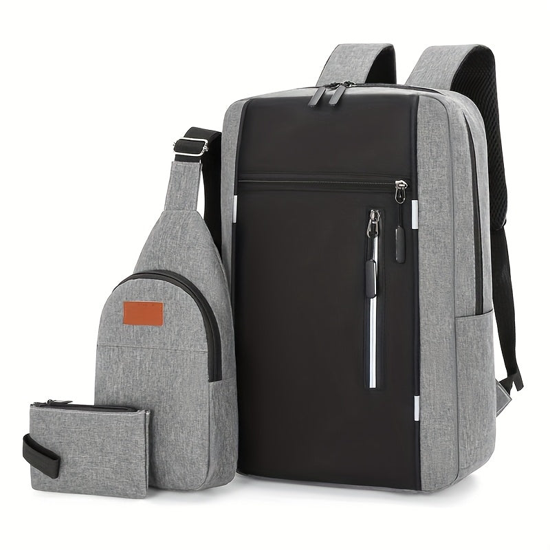 Three-Piece Set Men's Backpack, Includes Shoulder Bag and Coin Purse, Suitable for Back-to-School, Travel, Business, Casual Use with Large Capacity