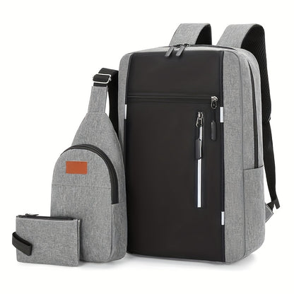 Three-Piece Set Men's Backpack, Includes Shoulder Bag and Coin Purse, Suitable for Back-to-School, Travel, Business, Casual Use with Large Capacity