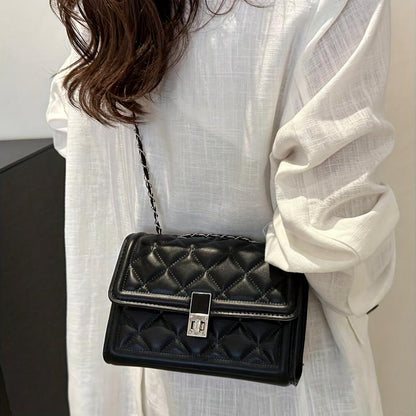 Women' Elegant Black Handbag with Rotating Lock Closure & Chain Strap - Convertible Crossbody/Shoulder Bag Suitable for, Travel, Daily Use - Durable Structured Wallet-Purse with Chain Strap Accessory ()