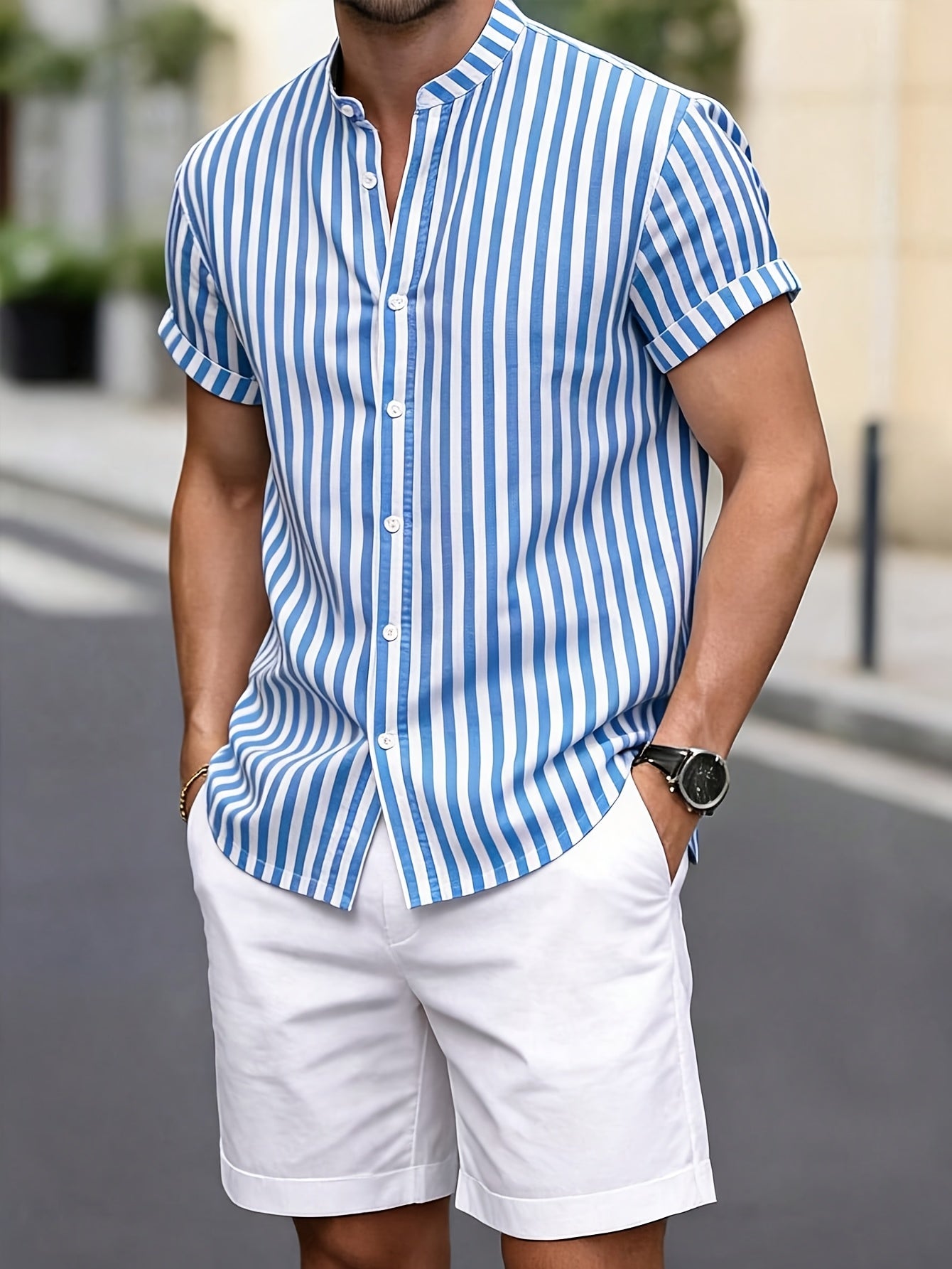 Men's Casual Summer Set: Striped Stand Collar Shirt & Soft Shorts