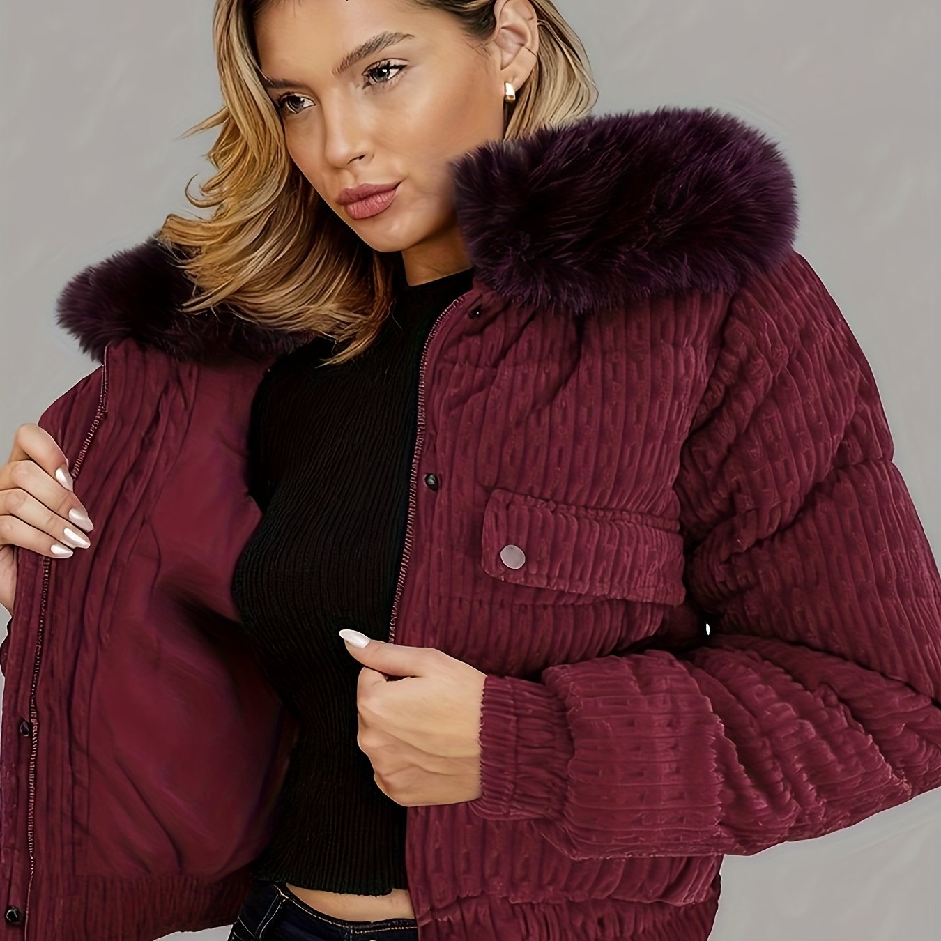 Women'S Winter Jacket - Full-Zip Coat with Detachable Fur Collar, Burgundy/Red - Cold Weather Outerwear for Everyday & Formal Events