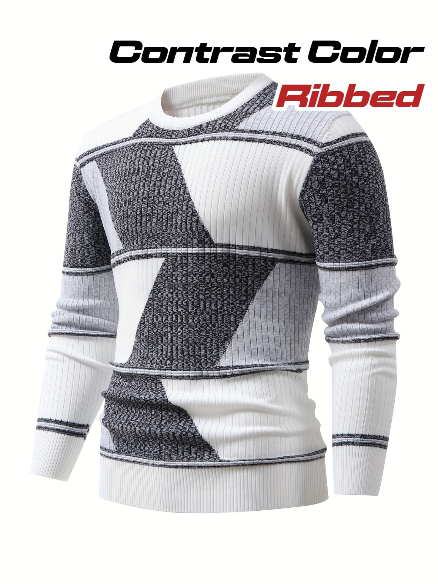 Men'S Fashionable Diamond Contrast Color Knit Long Sleeve Pullover in Faux Pear, First Name OBM, Casual Style, Ribbed Detail, High Stretch Fabric, Geometric Pattern, Regular Fit, Ideal for Fall/Winter