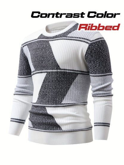 Men'S Fashionable Diamond Contrast Color Knit Long Sleeve Pullover in Faux Pear, First Name OBM, Casual Style, Ribbed Detail, High Stretch Fabric, Geometric Pattern, Regular Fit, Ideal for Fall/Winter