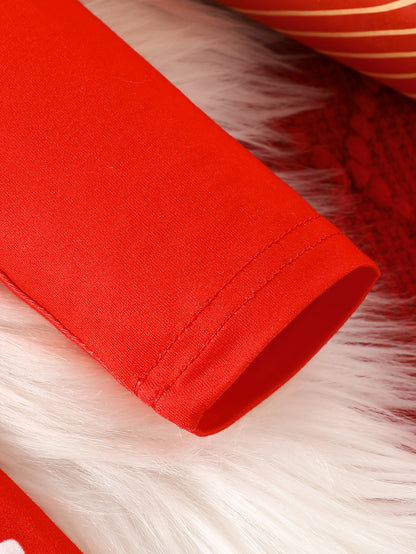 Girls' Christmas Party Dress - Long Sleeve Ruffled Hem Mid-Length Red Dress with Merry Christmas Print, Snowflakes & Santa Hats - Casual Holiday Outfit for Autumn & Winter Festive Celebrations, Durable Construction, Quality S