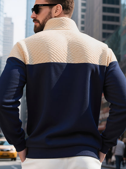 Men's Casual Half-Zip Color Block Sweatshirt with Kangaroo Pocket