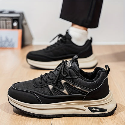 Men's Winter Thermal Low-Top Sneakers with Warm - All-Black Round Toe Lace-Up Shoes Suitable for, Outdoor, Daily Wear - Rubber Sole & Upper
