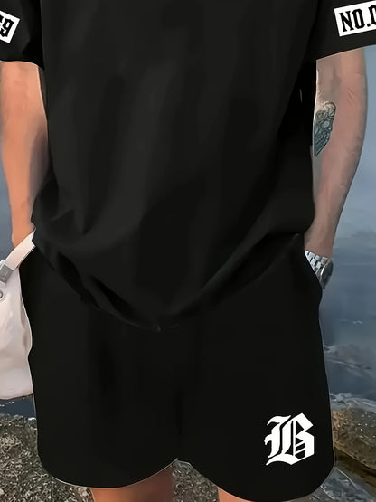 Men's Casual T-Shirt and Shorts Set with Bold "B" Print - Polyester Knit Fabric, Machine Washable, Summer Streetwear, Perfect for Outdoor Activities and Comfortable Leisure Wear