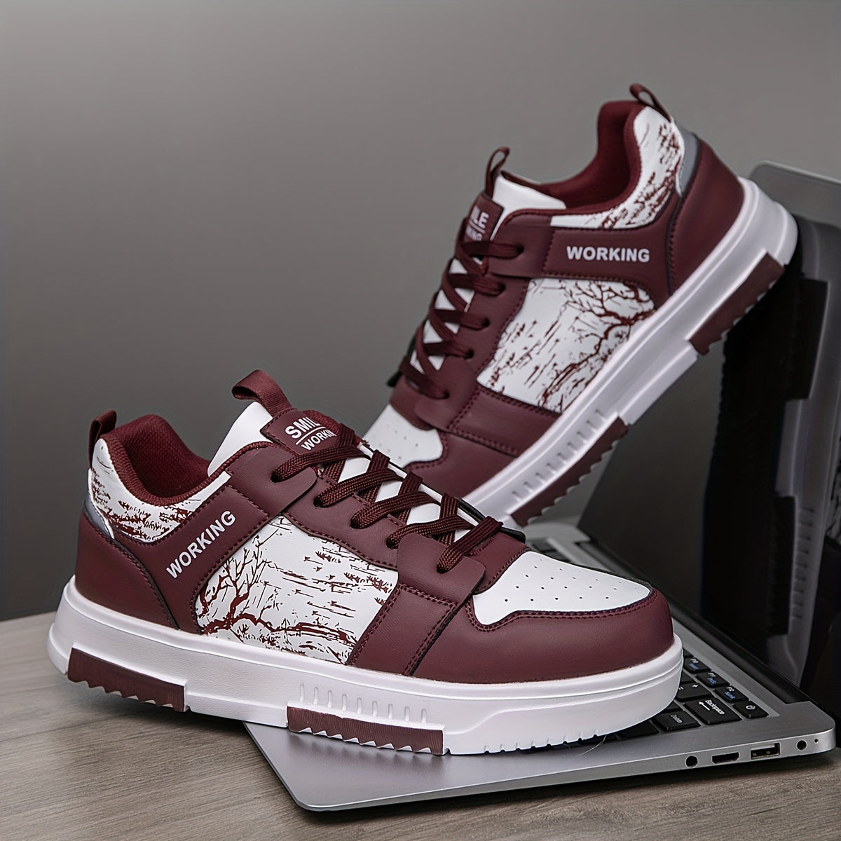 1pair Men'S Fashion Skateboard Sneakers, Casual Street Style Athletic Shoes with Branch Print, Comfortable Lace-Up Low-Top Trainers, Faux Upper, Fabric Lining, EVA Sole, for Running and Daily Wear - ayq