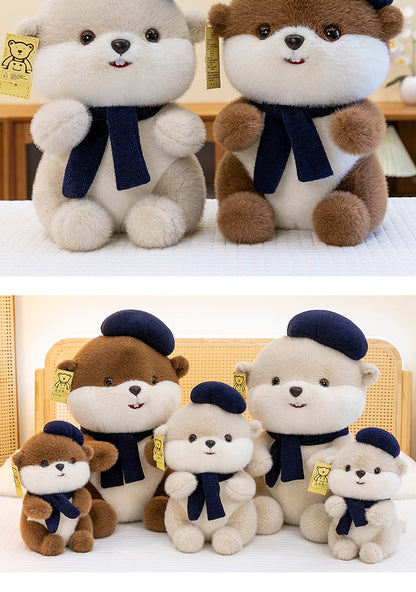 Cute Beret Beaver Plush Toy | Soft Stuffed Animal Doll with Scarf, Adorable Beaver Plushie Birthday Gift for Girls and Children, Polyester Fiber, and Dark Brown