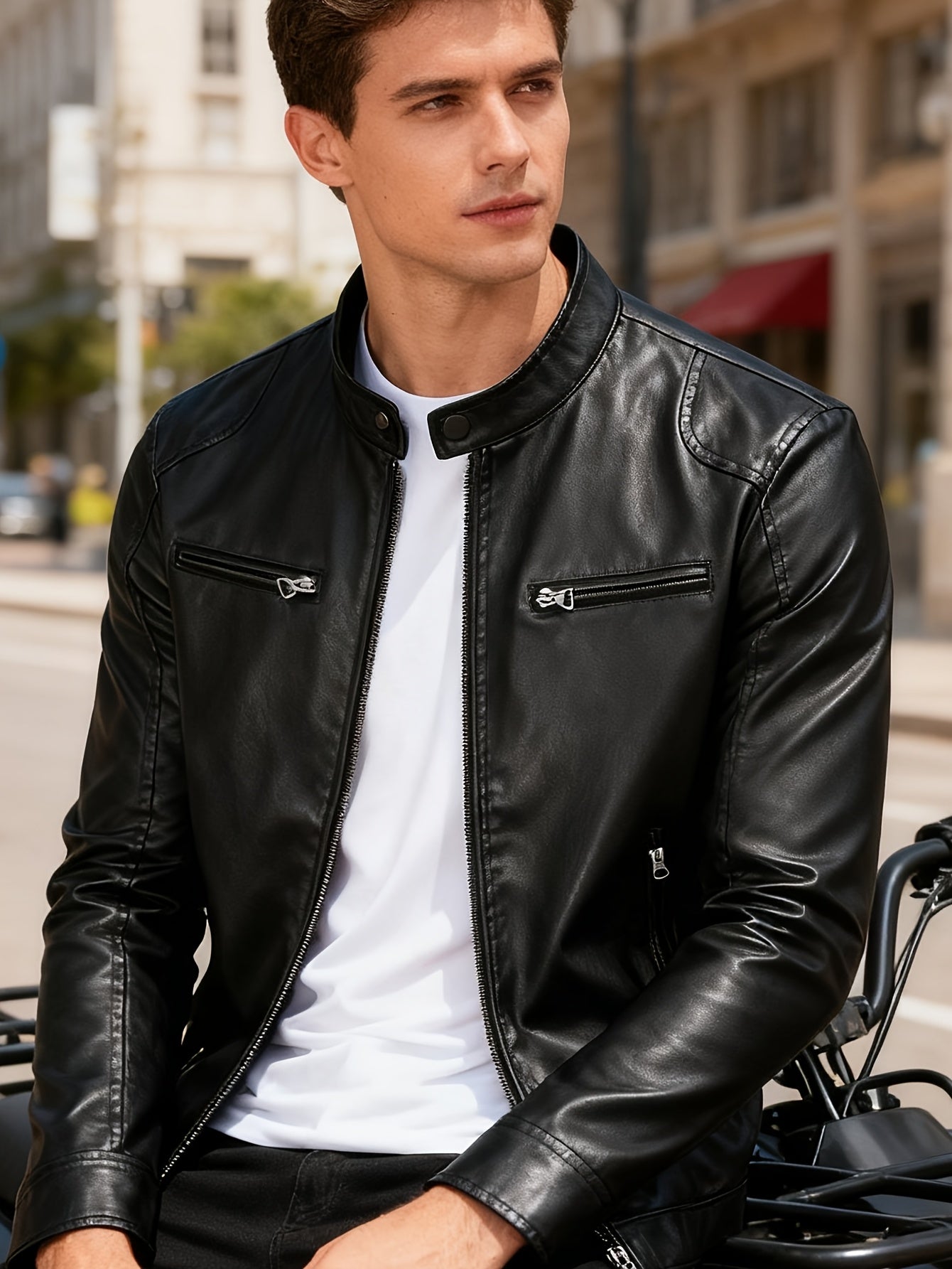 Men's Slim Fit Faux Leather Biker Jacket with Stand Collar