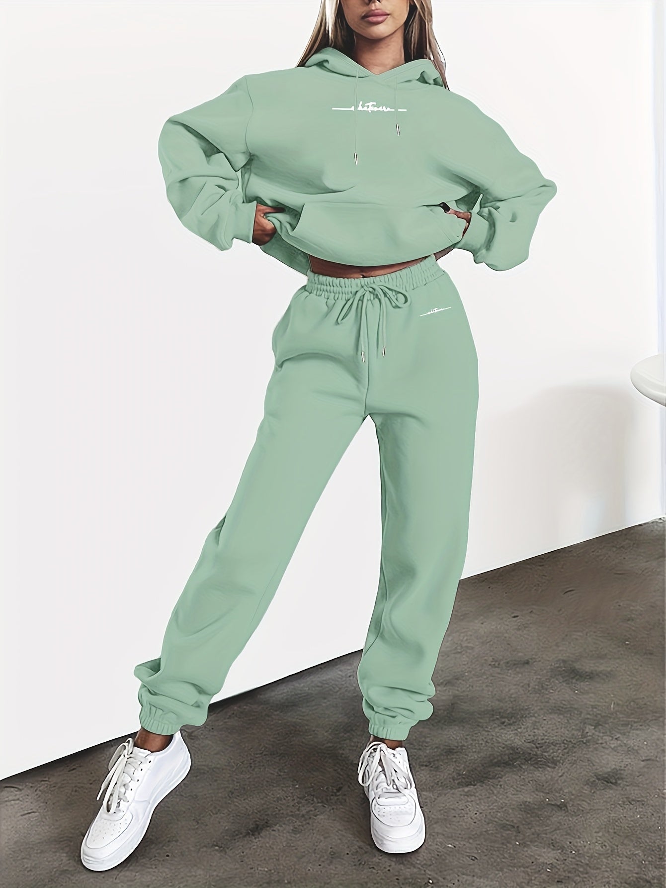 New Arrival Gray Print Women's Hooded Drawstring Sweatshirt and Pants Set, Autumn/Winter Warm Long-Sleeve Pullover with Hat, Machine-Washable Polyester, Versatile Outfit
