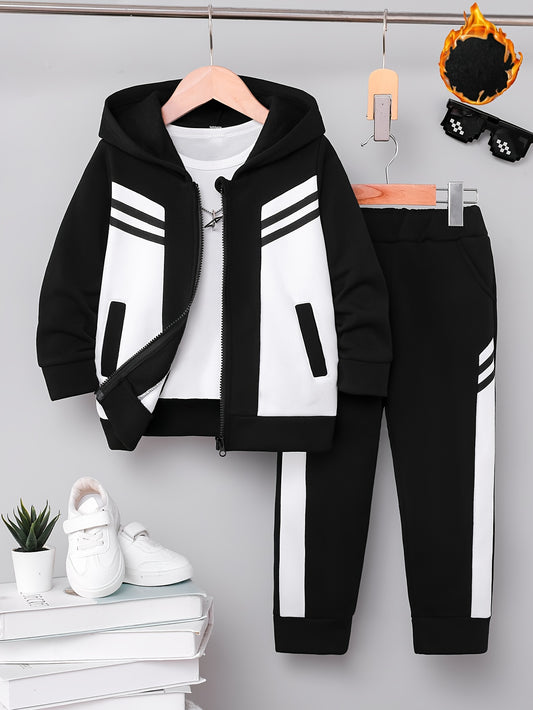 2pcs Boys' New Fashion Hooded Zip-Up Jacket and Pants Set, Black and White Striped Print Trendy Cool Style Outfit for Autumn/Winter, Thickened Sportswear with Pockets, Durable Polyester Fabric, Perfect Gift Choice for Kids, A