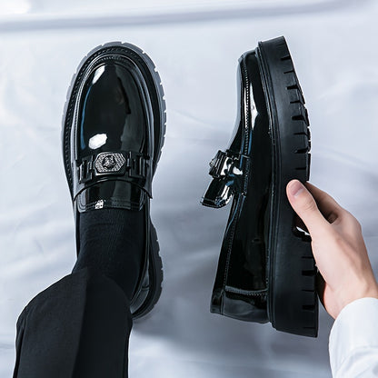 Men'S Black Soft Patent Platform Chunky Heel Loafers Fashion Tassel Business Casual Formal Work Shoes Non-Slip Lug Sole Slip-On Penny Loafers