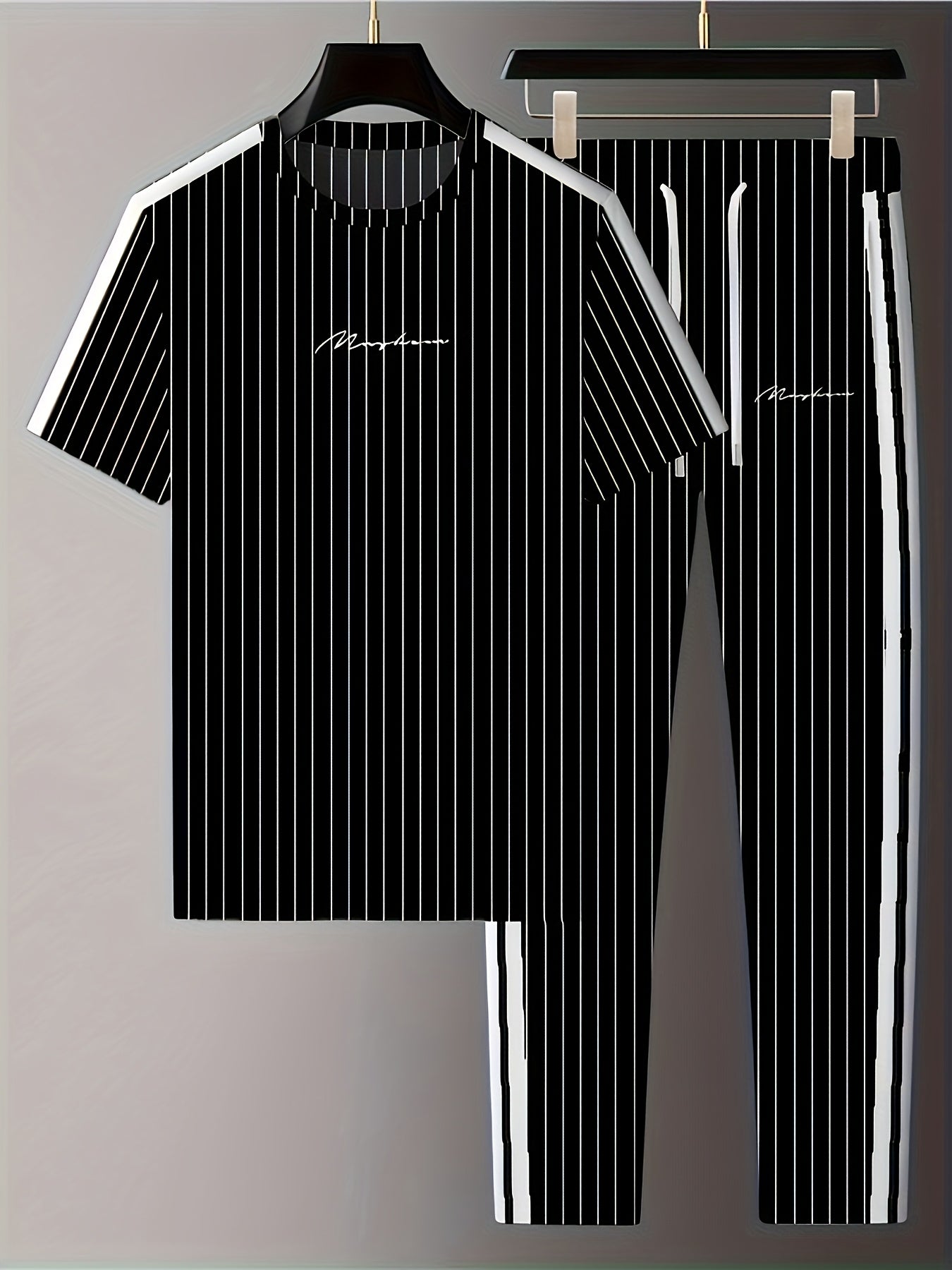 Summer Men's Striped Vertical Stripe 3D Print Casual Sports Short Sleeve Suit Fitness Sportswear Shorts T-shirt Men's Set Outdoor Sports Drawstring Pocket Hoodie Two-piece Set