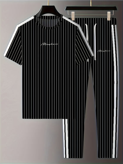 Summer Men's Striped Vertical Stripe 3D Print Casual Sports Short Sleeve Suit Fitness Sportswear Shorts T-shirt Men's Set Outdoor Sports Drawstring Pocket Hoodie Two-piece Set