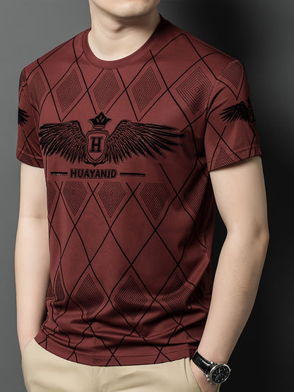 SINBOS Men's 2025 Summer Short Sleeve T-Shirt - Black Casual Graphic Print Tee with Wing  HUYAND Logo Design, Breathable Stretch Fabric, Round Neck Regular Fit for Casual Attire, Nontransparent Material, Relaxed Fit, Trendy