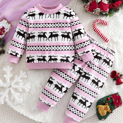 2pcs Girls' Cute Deer Print Fashionable Thick Flannel Set for Autumn/Winter, Soft and Comfortable Warm Outfit, Versatile Casual Attire with Outdoor Activities, Winter Clothing, Autumn Fashion, Stylish Kids' Wear, Playful Desi