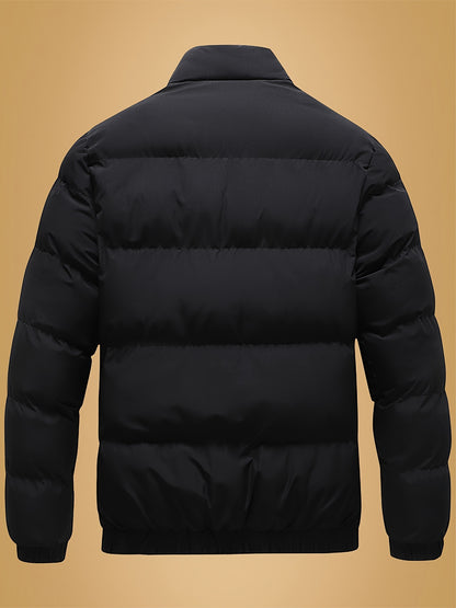 Men's Heavy-Duty Thermal Jacket - Winter Outerwear with Stand Collar & Full-Length Zipper Closure, Black/White Coat with Lettering - Machine Washable Cold Weather Jacket for Men (Casual & Formal) - Ideal for Skiing, Snowboard