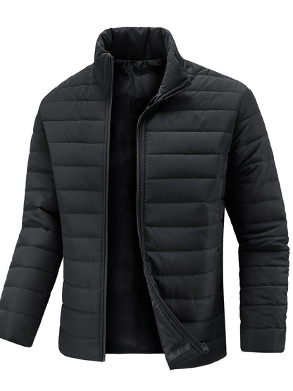 Men's Black Skinny Padded Coat with Stand Collar for Winter