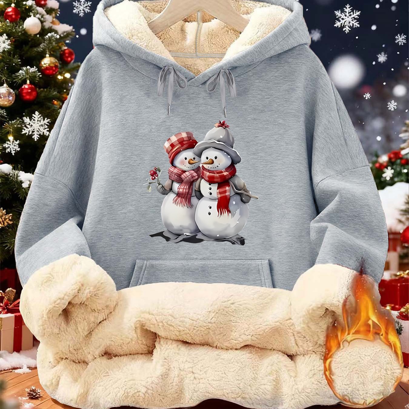 Women'S Winter Warmth Hooded Sweatshirt with Cute Snowman & Snowflake Print - Thick Fleece-Lined Long Sleeve Pullover, Cozy Casual Winter Sweater for Fall & Winter, Winter Sweatshirts, Seasonal Clothing, Playful Design, Soft
