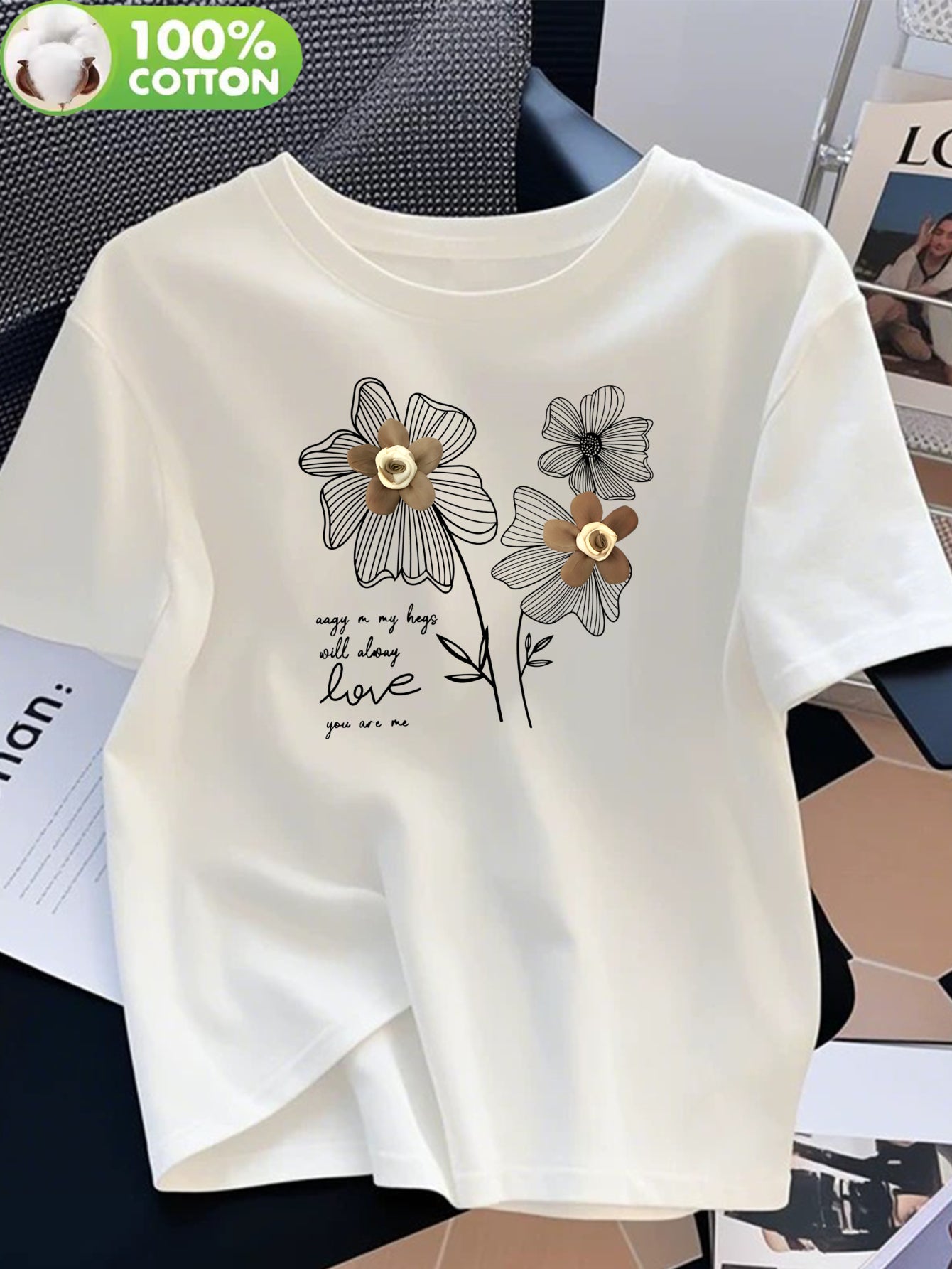Women's 100% Cotton Casual Crew Neck T-Shirt with Floral Print