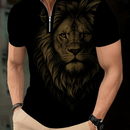 Men's Zip Shirt Short Sleeve Summer Trendy Lion Print Collar T-Shirt Business Casual Slim Fit Men's Top Women's Clothing