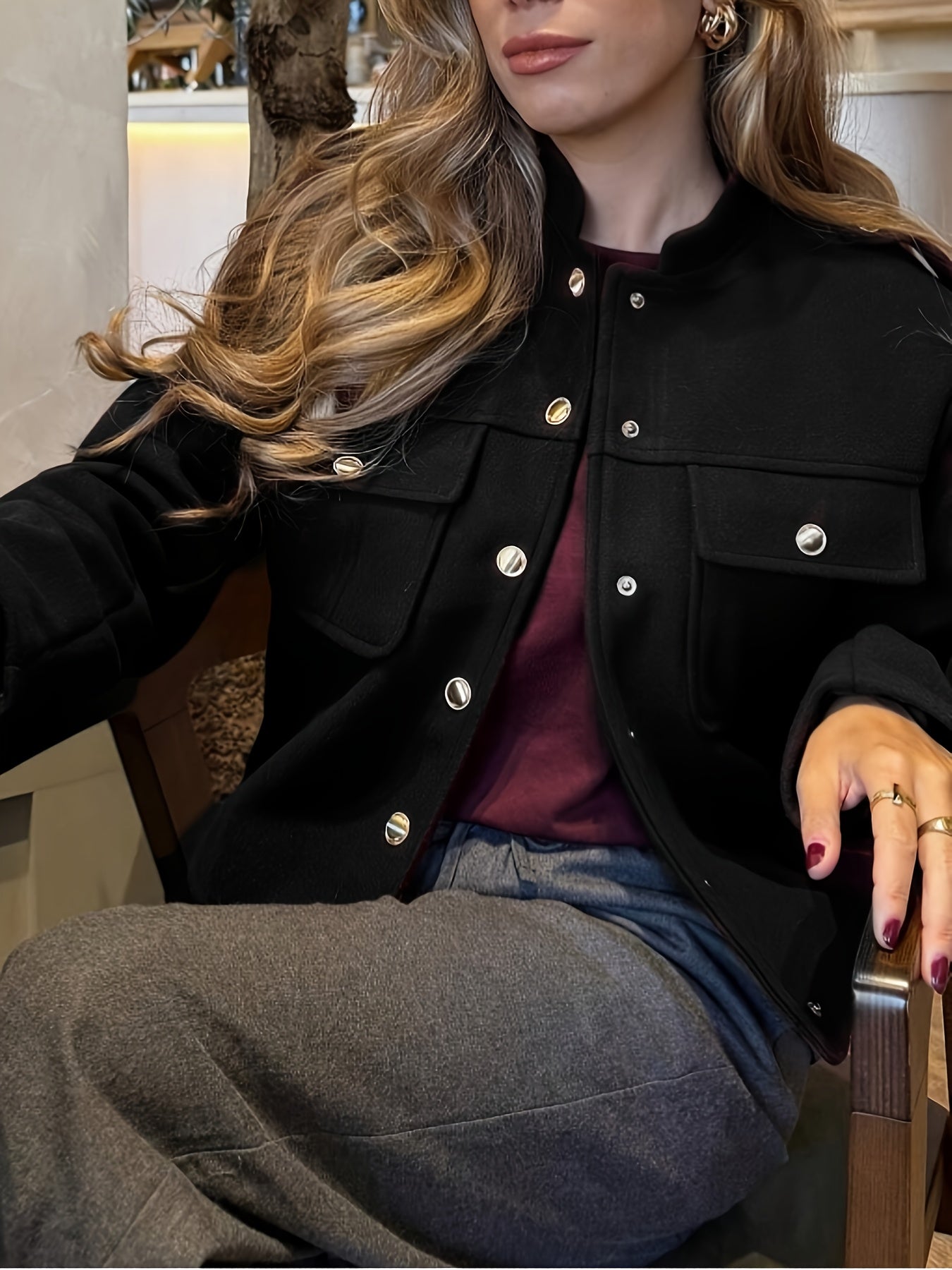 Women's Burgundy Red Jacket with Golden-Tone Button Closure - Structured Collar & Tailored Fit Casual Coat for Fall, Office, Semi-Formal Events - Machine Washable Outerwear (No Stretch)