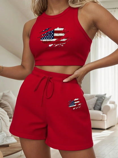 Women's Casual Two-Piece Set with English Print & Slanted Pockets
