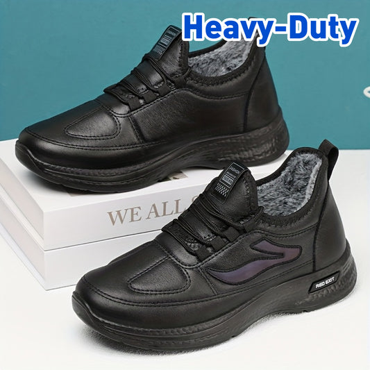 FKO Men's All-Season Slip-On Ankle Boots - Heavy-Duty Winter Warmth, Upper & Traction Tread Sole, Black & Brown (Purple Accent) - Casual/Outdoor/Urban Short Boots for Ice & Snow, One-Strap Closure (No Buckles)