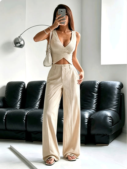 Women's Elegant Sleeveless V-Neck Cropped Vest & Pants Set