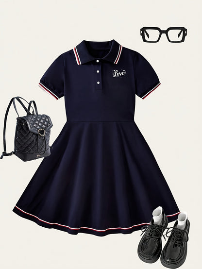 Girls' Preppy A-Line Dress with Button Front, Spring Summer
